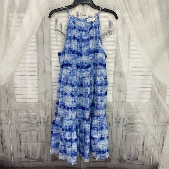 Eliza J Size 14 Blue White Tie Dye Halter Neck Sleeveless Trapeze Pockets Dress - Picture 8 of 13
